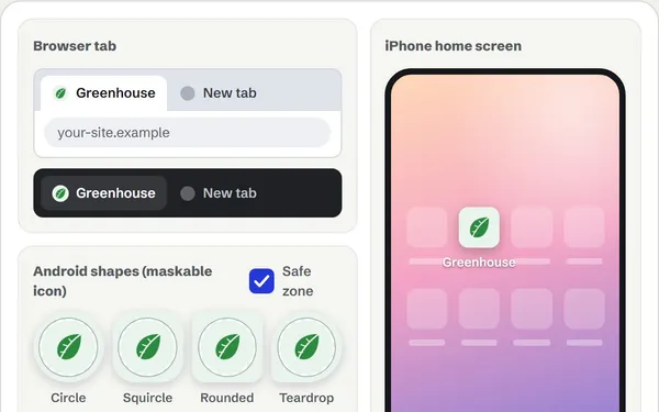 A green leaf icon in a browser tab, on a pastel iPhone home screen and in four Android icon shapes with the safe zone marked