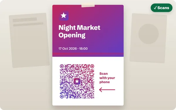 A pink-to-violet QR code with flowing modules and a star logo on a Night Market Opening poster pinned to a wall