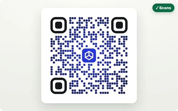 A large blue QR code with rounded dots, a hexagon logo in the middle and a green “Scans” badge from the in-tab decoder