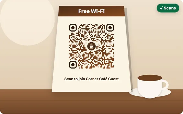 A brown, fluid-style Wi-Fi QR code with a coffee cup logo on a table tent that reads Free Wi-Fi, next to a cup of coffee