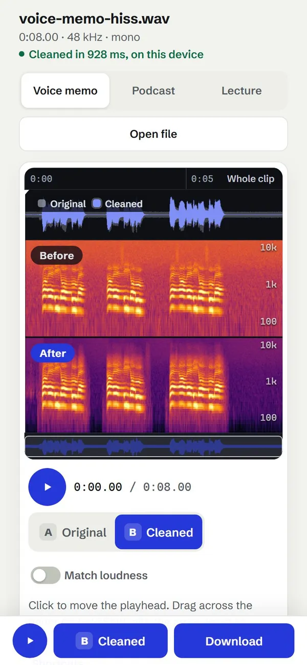 CleanTake on its podcast sample: 50 Hz hum and noise fill the Before spectrogram, only the voice is left in the After one, with save options and presets beside it