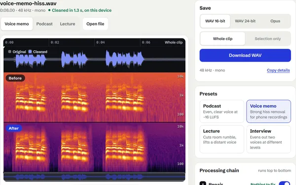 CleanTake on its noisy voice memo sample: the Before spectrogram is washed with hiss, the After spectrogram shows only the voice’s harmonics