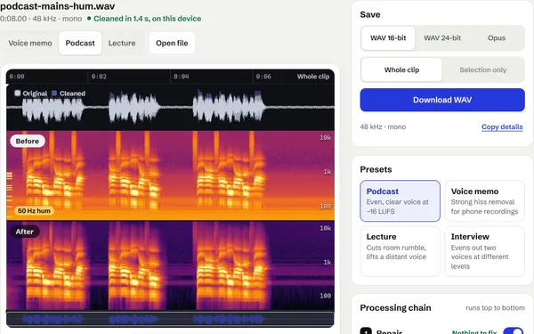 CleanTake on its podcast sample: gold markers show 50 Hz hum and its harmonics as bright lines in the Before spectrogram, gone in the After one