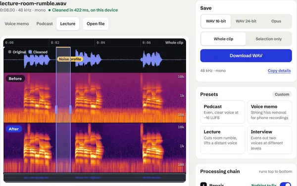 CleanTake on its lecture sample: a pause is selected and marked as the noise profile, room rumble is gone from the After spectrogram, and a long pause is hatched for trimming