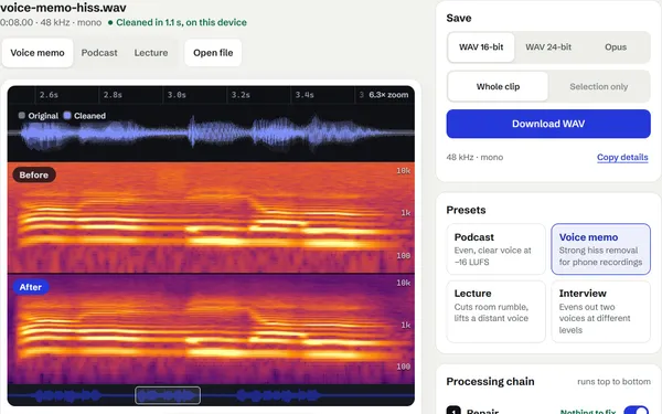 CleanTake zoomed six times into one phrase of the voice memo sample, the harmonics of the voice sharp in both spectrograms