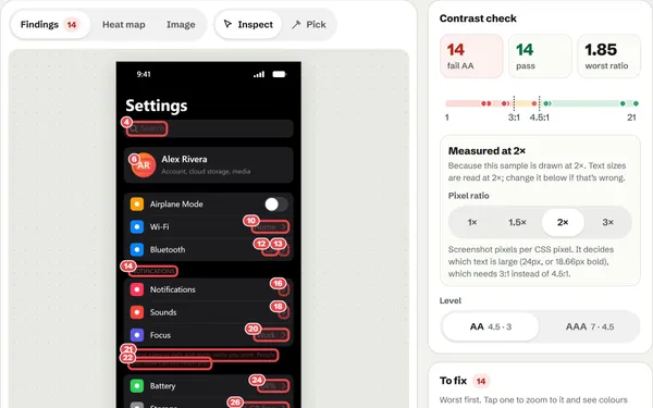 A dark-mode phone settings screen with its dim grey values, search placeholder and footnotes outlined as failures, judged at a 2× pixel ratio