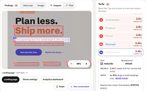 The pale grey subtitle of the landing page zoomed in and outlined, with its 2.43 to 1 ratio, and the same line re-coloured in a darker grey that reaches 4.5 to 1