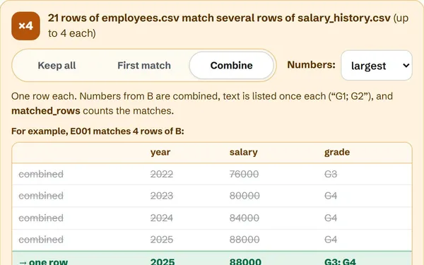 Employees joined to salary history: 21 employees have several salary rows, with the choice to keep all, keep the first or combine them