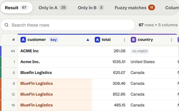 The joined orders table with chosen columns from both files: fuzzy-matched customer names highlighted and “no match” where an order has no customer record