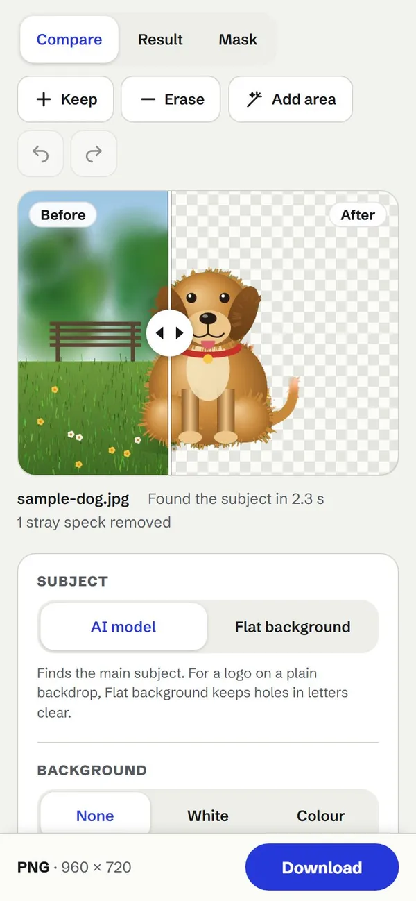 CutOut on its dog sample: a slider over the photo, the park on the left and the dog cut out onto a transparent checkerboard on the right