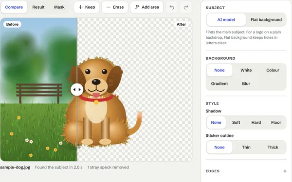 CutOut splitting the pet sample: the dog in its park on the left, cut out on a transparent checkerboard on the right