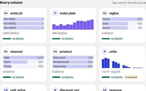 DataPeek’s column dashboard for a year of shop orders: a histogram or top-values chart for each of the ten columns