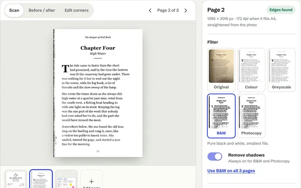 Three scanned pages in DocScan’s filmstrip, the receipt, the book page and the whiteboard, with the book page shown in black and white