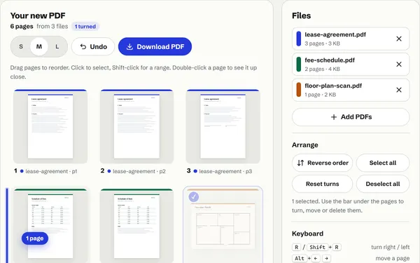 FormFix merging three sample files: six page thumbnails coloured by file, the floor plan turned upright and being dragged between the lease and the fee schedule