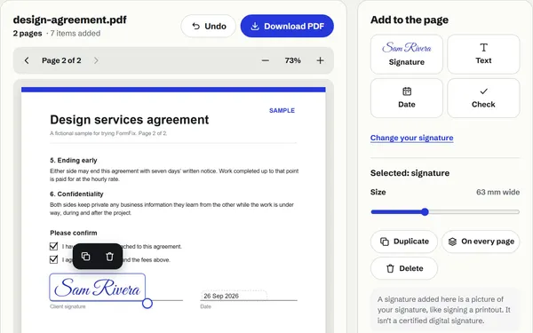 Page 2 of the sample agreement with both boxes ticked, a handwritten-style signature on the client line and today’s date beside it