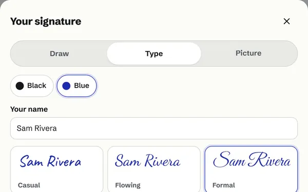 The signature maker showing “Sam Rivera” in three handwriting styles, Casual, Flowing and Formal, in blue ink