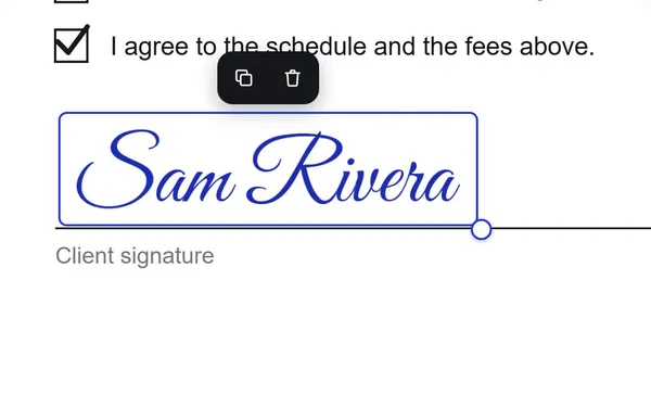 The sample agreement zoomed in on the signature line: the selected signature with its resize handle, sitting on the line