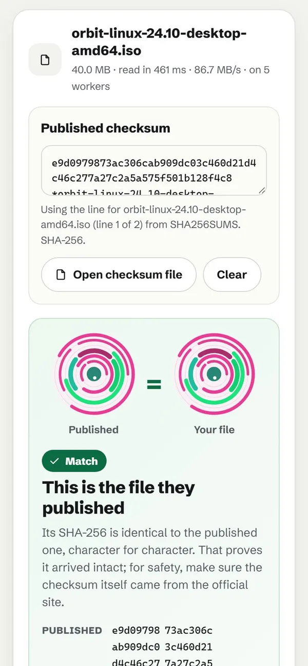 HashForge on a sample Linux download: a green Match saying it is the file they published, both hashes drawn as matching rings, and the algorithms to choose from