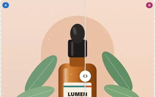 A swipe across the serum bottle photo: dust and a scratch on the original at left, cleaned up in the retouched copy at right