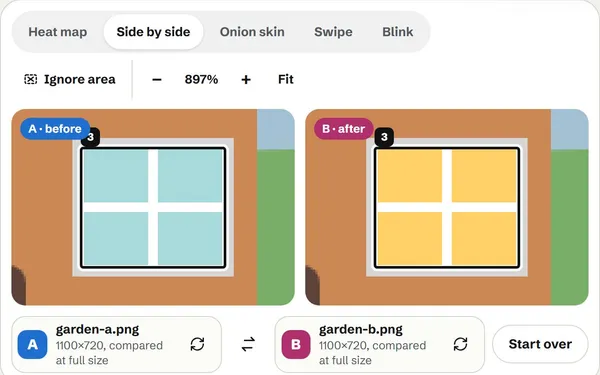 Side by side at 800% on the house window: pale blue glass in the before image, lit yellow in the after