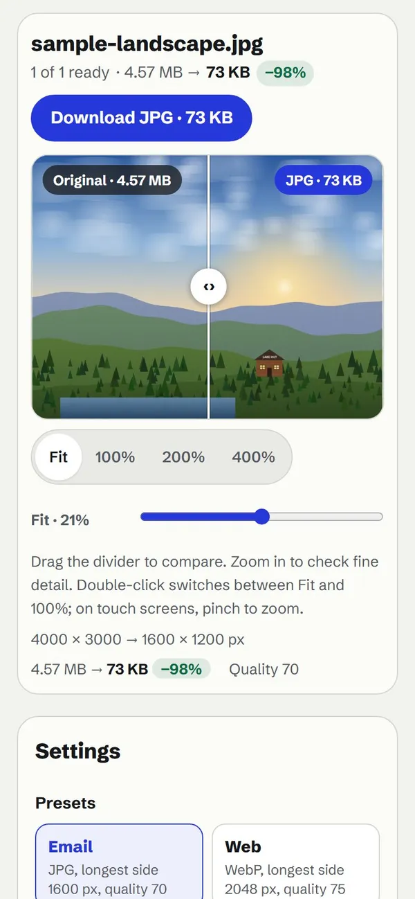 ImageSqueeze on its landscape sample: the Email preset takes it from 4.57 MB to 73 KB, with the original and the smaller JPG either side of a divider