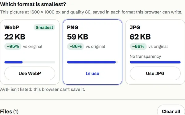 Format cards for the sample chart: WebP is smallest, well under the PNG and JPG versions