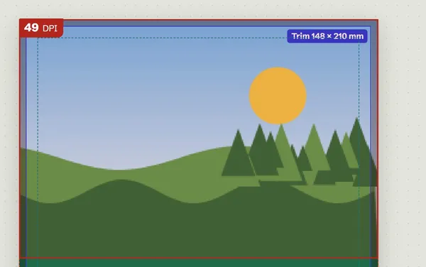 The flyer zoomed in: its stretched hero photo outlined in red at 49 DPI, with the trees visibly soft, and the trim marked at 148 × 210 mm