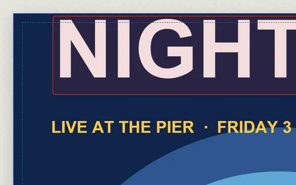 The Night Tide poster at actual size: the headline boxed in red 2.1 mm from the trim, inside the dashed 5 mm safe area