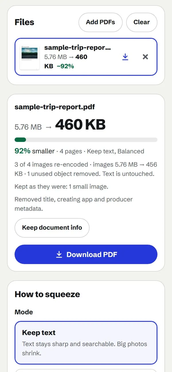 PDF Squeeze on its trip report sample: 5.76 MB down to 460 KB, with the original and squeezed page split by a swipe line beside the result and the squeeze modes