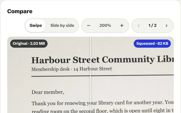 The scanned-letter sample at 200% zoom in Smallest mode, with a swipe line between the original scan and the squeezed page