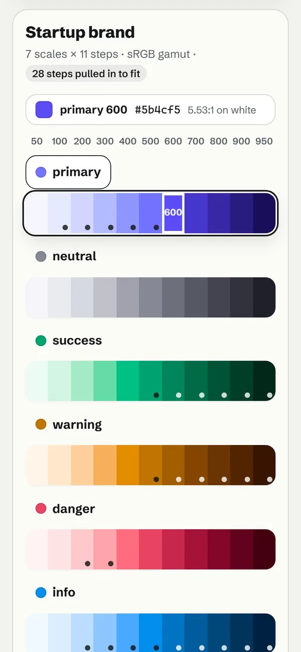 RampForge on its startup brand sample: seven colour scales of eleven steps, from primary to accent, with the lightness curve of the primary scale beside them