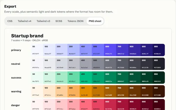 The PNG swatch sheet for the startup palette: seven labelled rows of eleven swatches with hex codes, above the download button