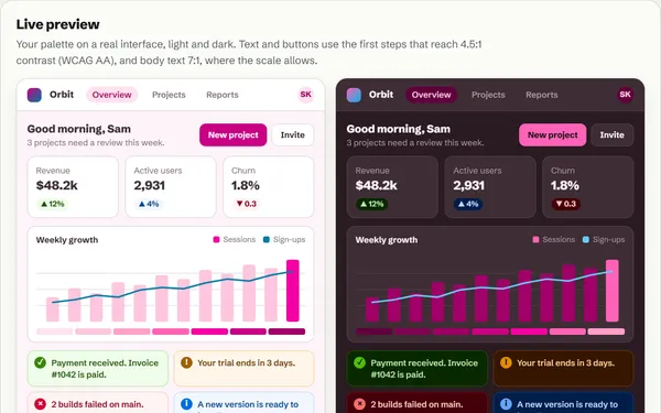 A dashboard in the bold gaming palette twice: on a light pink-grey ground and on a near-black ground, with hot pink buttons and blue charts