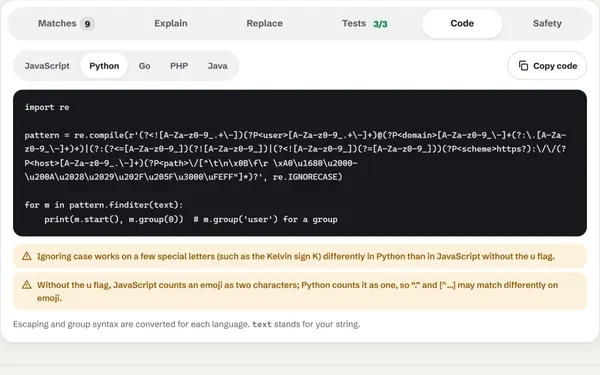 The log pattern exported as Python code, with named groups rewritten as (?P<user>…) and a note about how \d and \w differ in Python