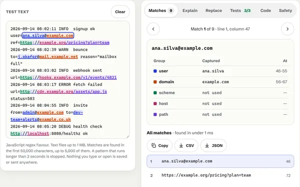 A server log with every email address and URL highlighted, user, domain, scheme, host and path each in its own colour, beside the first match and a table of its five groups