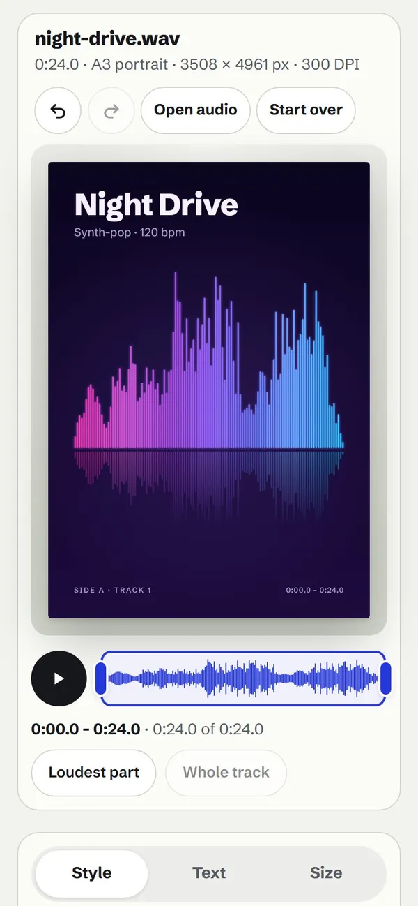 SoundPrint on its synth-pop sample: a neon mirrored-bar poster titled Night Drive, beside eight style thumbnails of the same track and a choice of colours