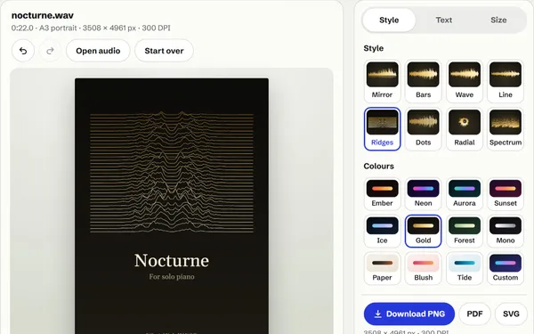 The piano sample as a gold-on-black ridgeline poster titled Nocturne, like stacked mountain lines