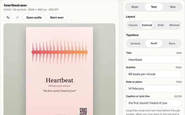 The heartbeat sample as a blush-pink poster in serif type, with the caption “the first sound I heard of you”, a QR code in the corner and the text fields beside it