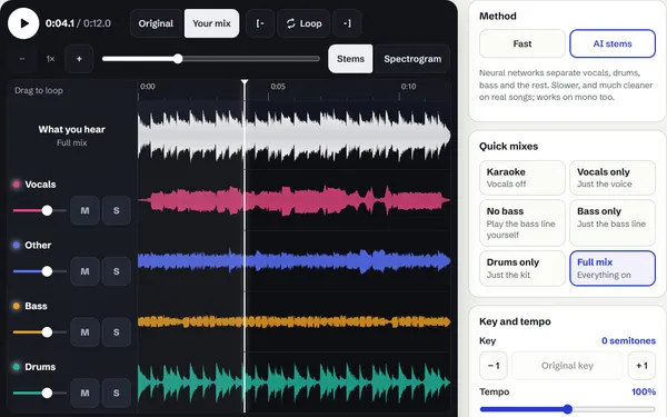 StemSplit in AI mode on the pop sample: four lanes labelled Vocals, Other, Bass and Drums, the drums lane showing sharp teal hits, with the AI stems method selected