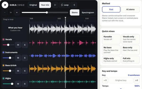 The drum loop sample split into four stems: shouts and snare in pink, congas and claps in blue, kick and sub bass in amber, hi-hats in teal, each with its own mute, solo and fader
