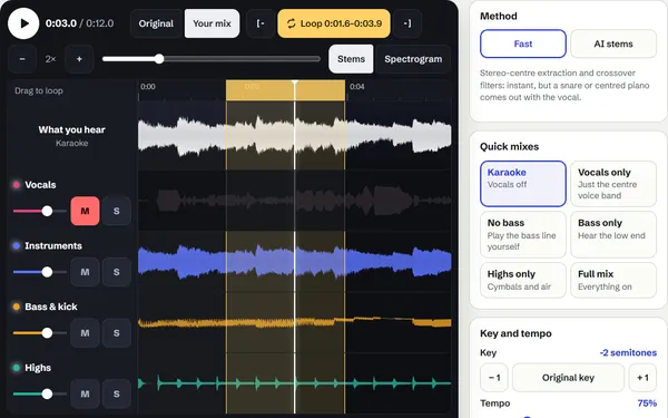 The guitar and voice sample zoomed in with a yellow loop over one phrase, the tempo at 75 percent and the key two semitones down