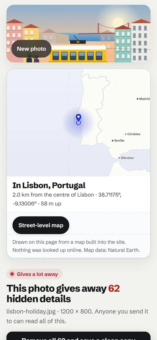 StripShot on its Lisbon tram sample photo: the photo, a map placing it 2 km from the centre of Lisbon, and a warning that it gives away 62 hidden details