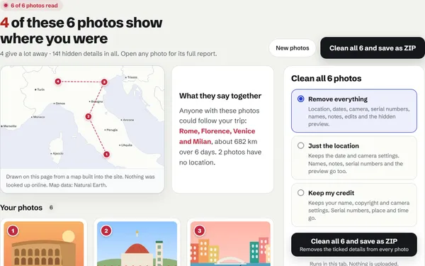 Six trip photos in StripShot: a map of Italy tracing Rome, Florence, Venice and Milan, and a grid of photos with risk badges