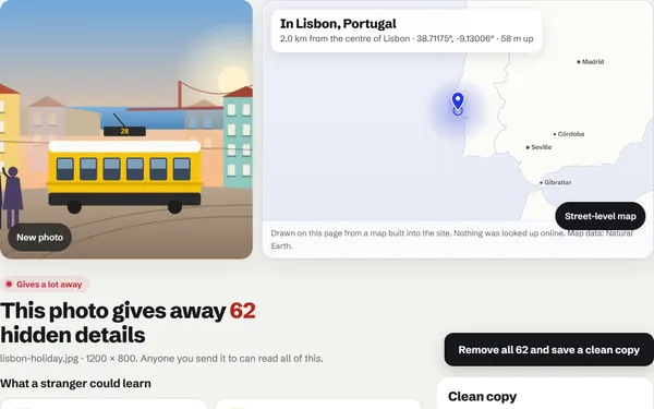 StripShot on its holiday sample: a Lisbon tram photo, its location pinned on the offline map of Portugal, and 61 hidden details