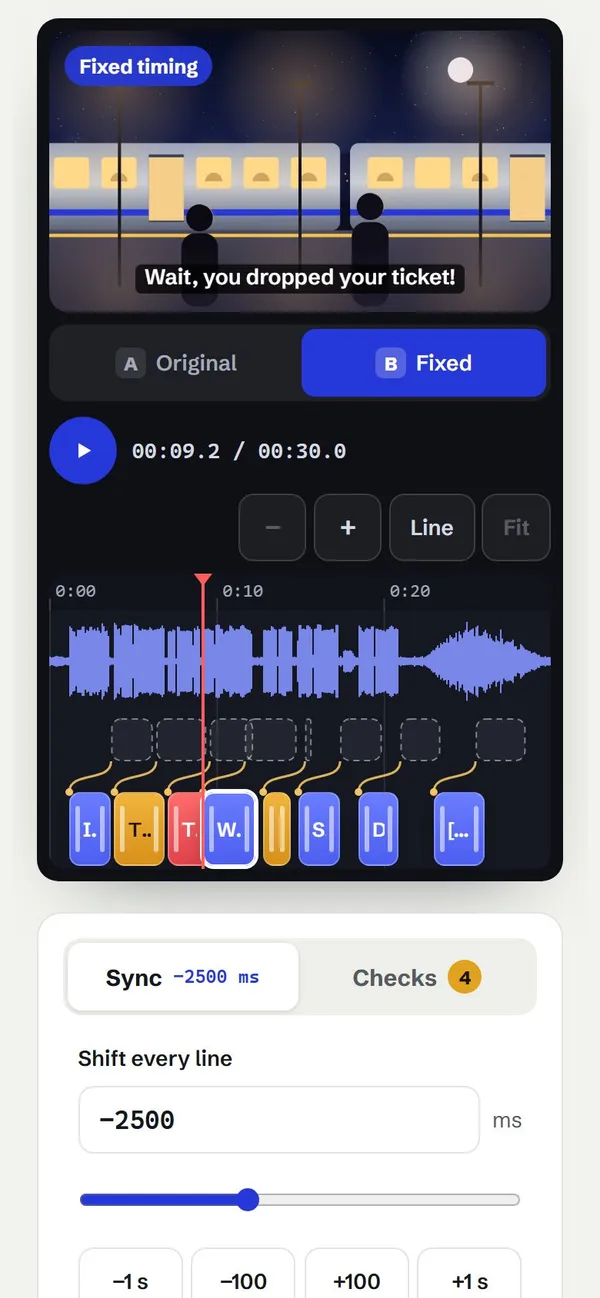 SubtitleSync on its night train sample: “Wait, you dropped your ticket!” on screen, every line moved 2.5 seconds earlier on the timeline, and the sync controls beside it