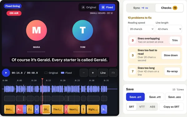 SubtitleSync on its podcast sample: two hosts talking over each other, red and amber lines on the timeline, and the Checks panel listing overlaps, fast lines and long lines to fix