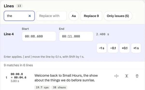 SubtitleSync’s list of lines for the podcast sample, re-wrapped onto two balanced lines, filtered by find and replace to the five lines containing “the”