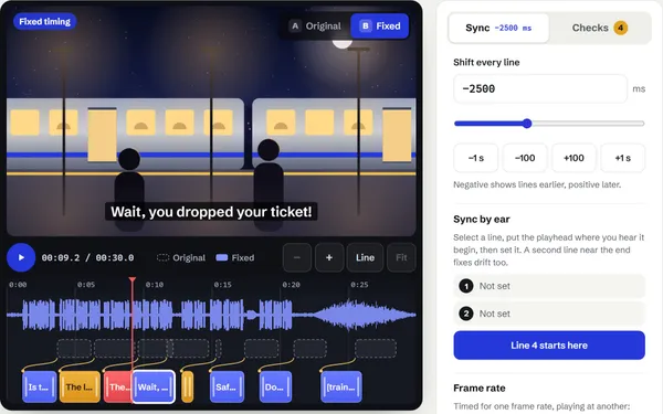 SubtitleSync on its night train sample: a platform scene with the line “Wait, you dropped your ticket!” on screen, and a timeline where each subtitle has moved 2.5 seconds earlier onto its voice