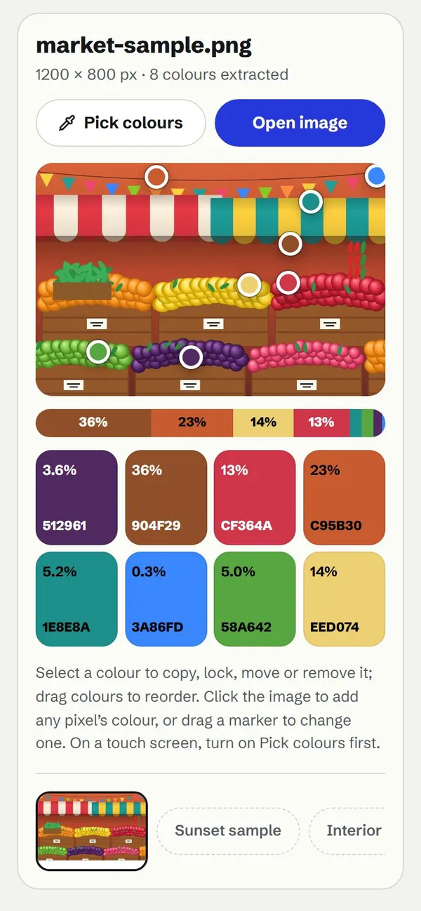 TrueColor on its market stall sample: eight colours marked on the picture, a bar showing how much of it each one covers, and the palette settings beside it