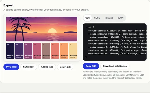 The palette card for the sunset sample: the picture above eight labelled swatches, next to the CSS export